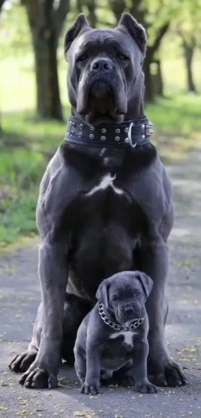 Large dog and puppy posing on a forest path.