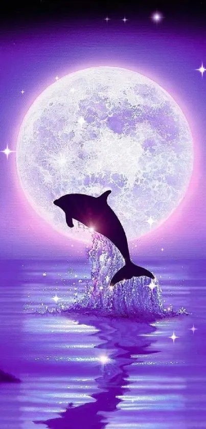 Dolphin leaping under a purple moonlit sky.