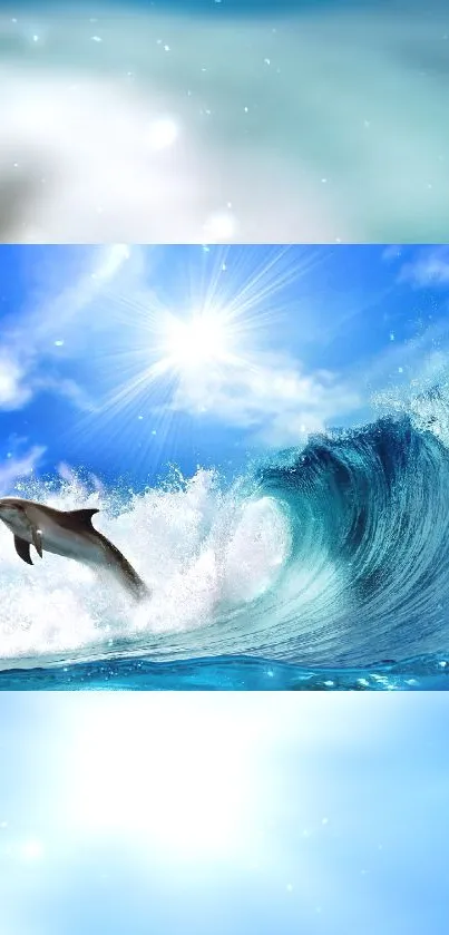 A dolphin leaps through ocean waves under a bright blue sky with radiant sunlight.