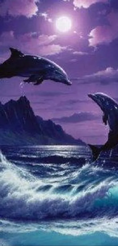 Dolphins jumping under a full moon in a vivid ocean scene.