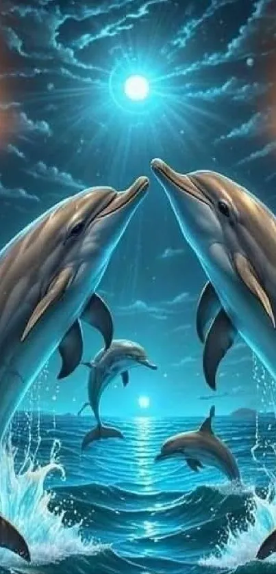 Dolphins leap joyfully under a moonlit sky with an ocean backdrop.