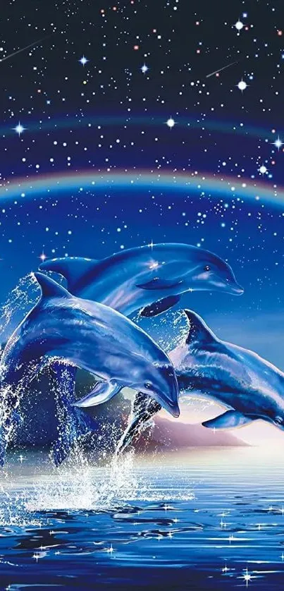 Three dolphins leaping under a starry night sky with a rainbow.