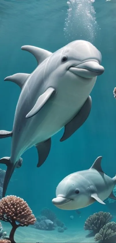 Dolphins swimming gracefully underwater with coral and fish.