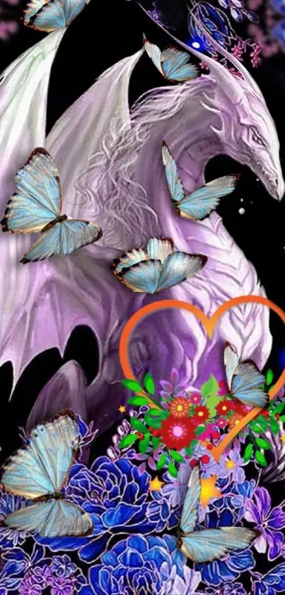 Majestic dragon with butterflies and flowers in a colorful fantasy art style.