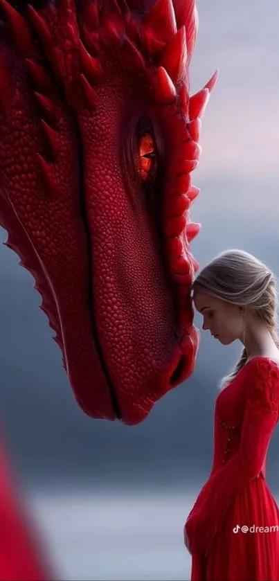 Majestic red dragon interacts with a serene woman in ethereal landscape.
