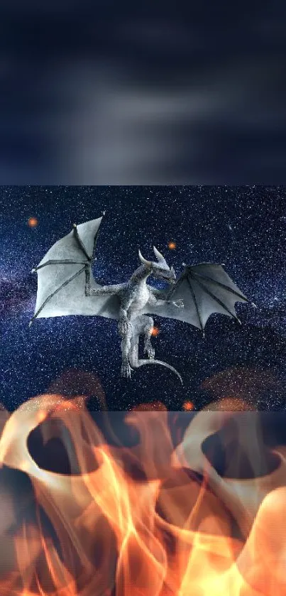 Mobile wallpaper of a dragon flying with flames and a starry background.