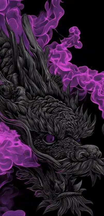 Dragon with purple smoke on dark backdrop.