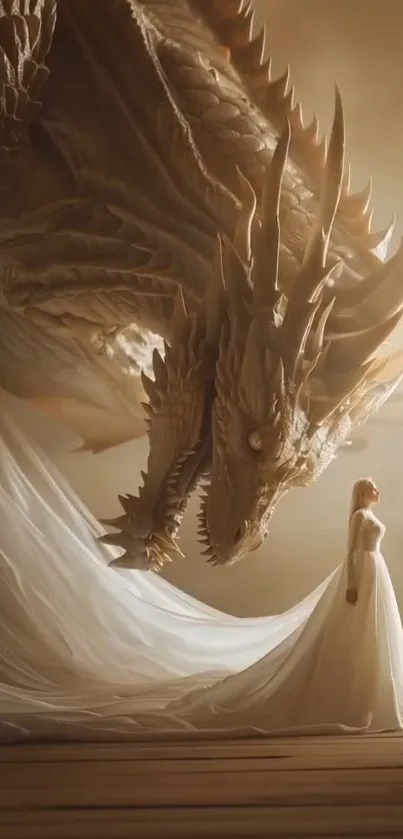 A fantasy scene with a dragon and a woman in elegant attire.