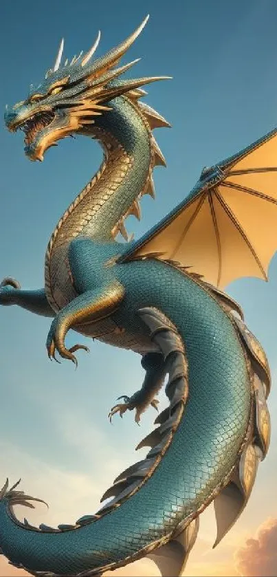 Majestic dragon soaring in a clear sky, showcasing detailed wings and vibrant scales.