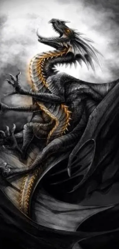 Majestic dragon with wings on dark background, golden highlights.