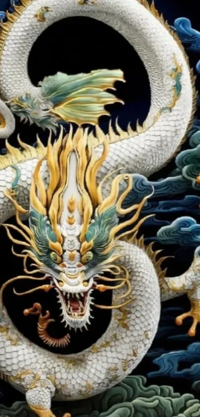 White and gold dragon with dark background.