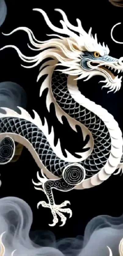 Black and white dragon art on dark background