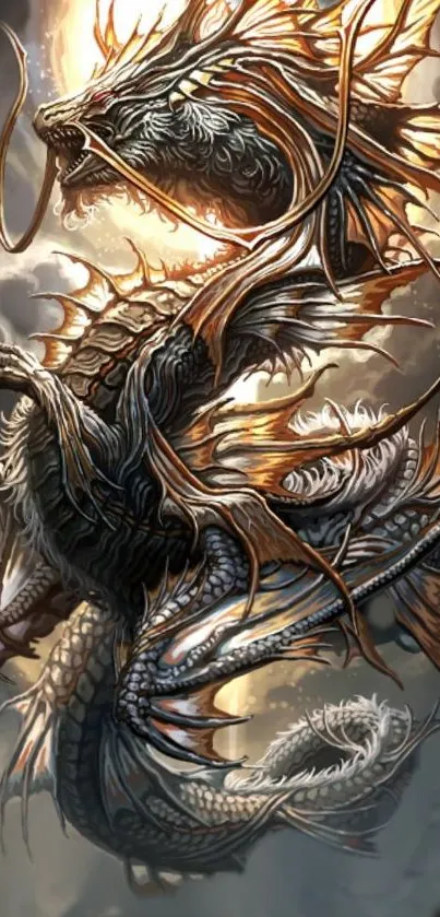 Majestic dragon artwork with sunlit background.