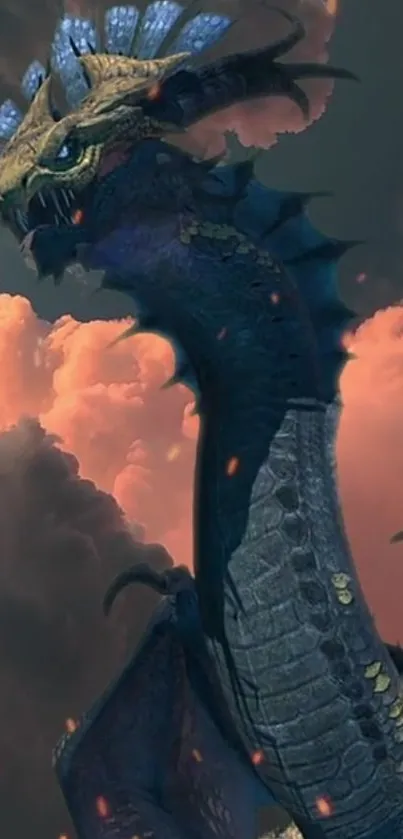 Majestic dragon against illuminated clouds.