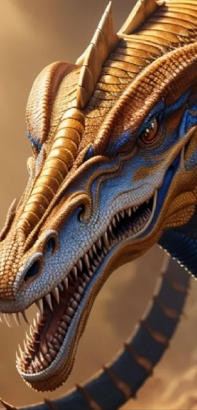 A detailed and majestic dragon with blue and gold scales.