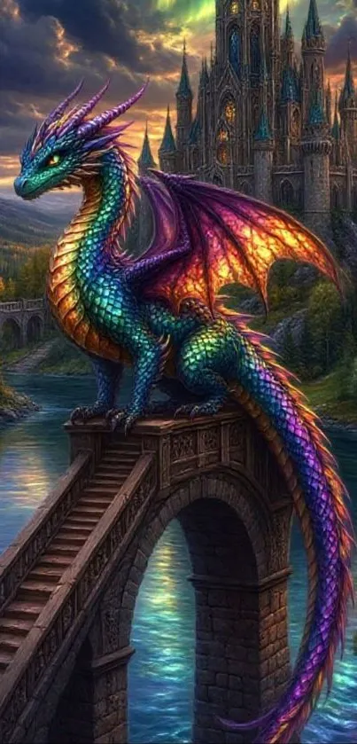 Vibrant dragon perched near a mystical castle with a scenic backdrop.