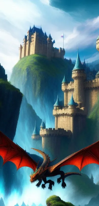 Dragon flying over a majestic castle in a fantasy landscape.