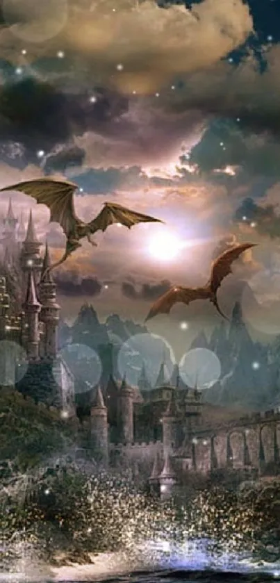 Dragons soar above a mystical castle landscape.