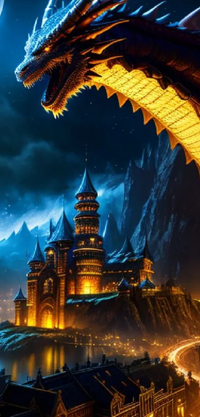 Fantasy dragon flying over a lit castle at night with a moonlit sky.