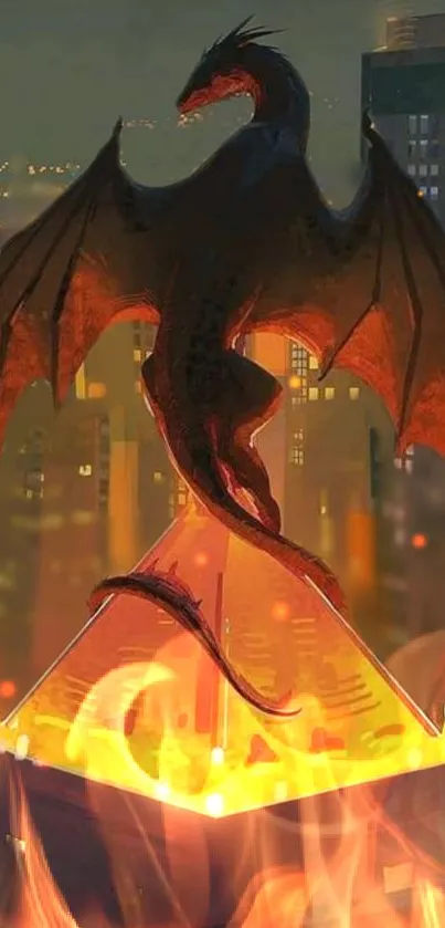 Fantasy dragon soaring over city skyline in vibrant night colors.