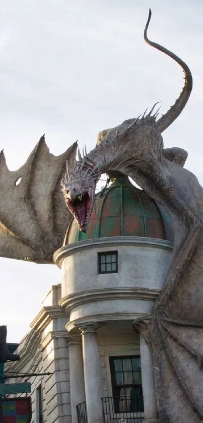 Majestic dragon oversees enchanting urban landscape.