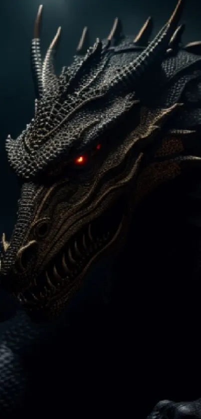 Dark dragon with glowing eyes in a mystical setting.