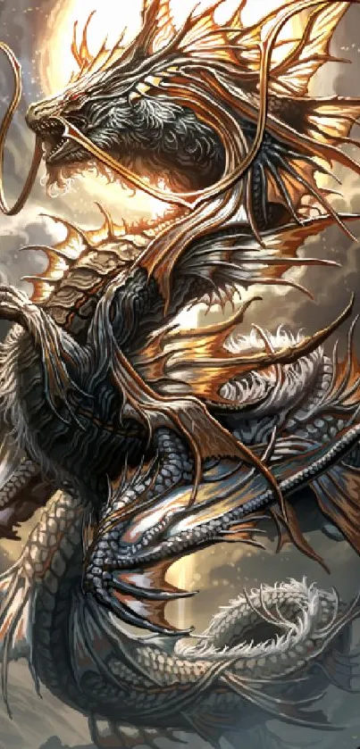 Majestic dragon fantasy art with intricate details and bronze hues.