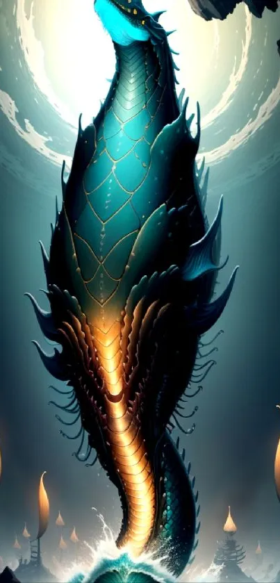 Majestic dragon rising with teal hues in a fantasy setting.