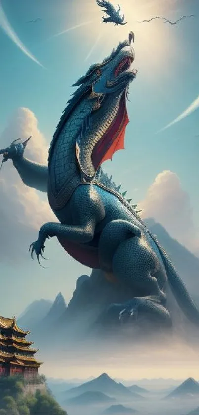 Majestic dragon soars over mystical mountains and temple under a bright sky.