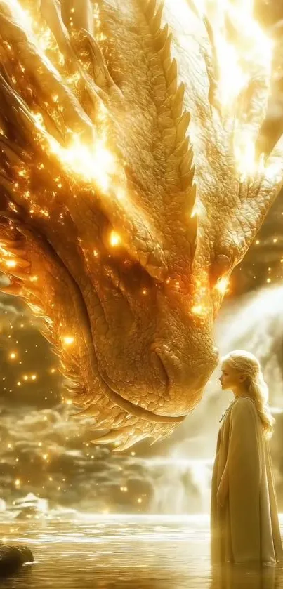 A majestic golden dragon faces an enchanted lady in a magical landscape.