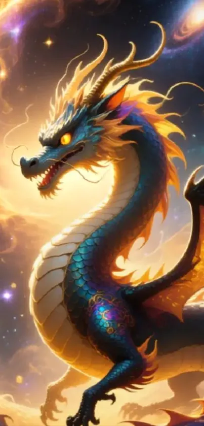 Colorful dragon in a cosmic fantasy setting.