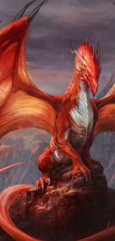 Majestic red dragon perched on a rocky mountain with a scenic fantasy backdrop.