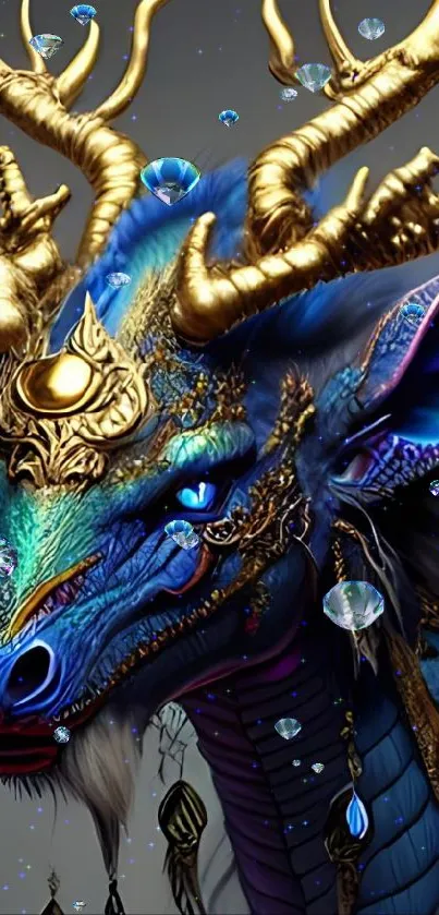 Majestic blue dragon with golden horns and vibrant details.