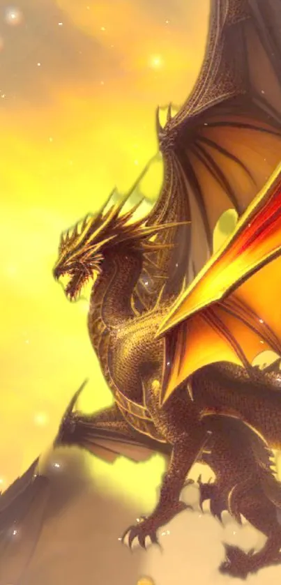 Majestic dragon against a vibrant golden sunset.