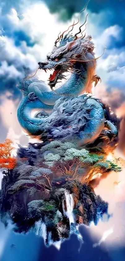 Majestic blue dragon with vibrant scenery in fantasy wallpaper.