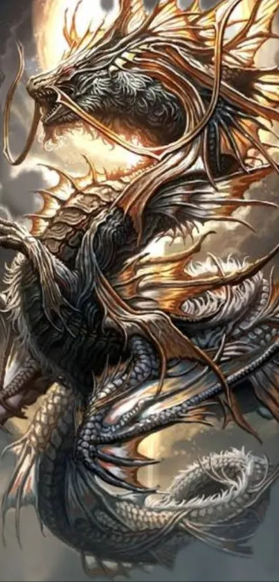 Majestic glowing bronze dragon in fantasy art style.