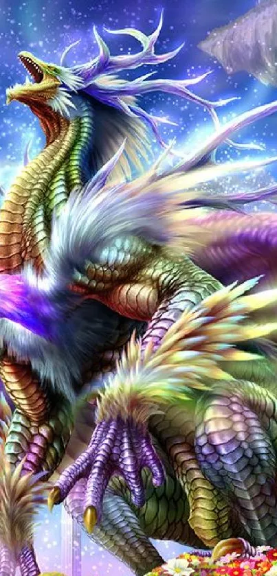 Majestic dragon with colorful scales in a fantasy setting.