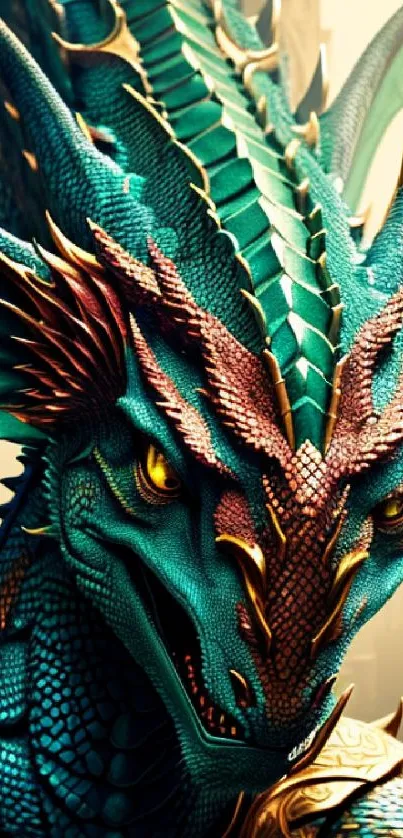 Detailed dragon fantasy wallpaper with vibrant teal and golden hues.