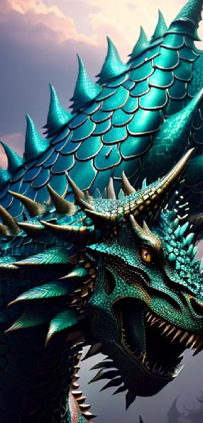 Majestic dragon with teal scales and a fantasy background.