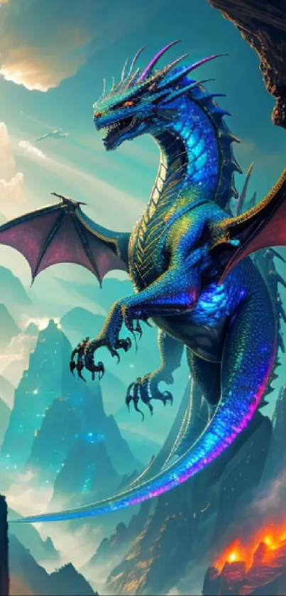 A majestic blue dragon soaring over fiery mountains in a fantasy setting.