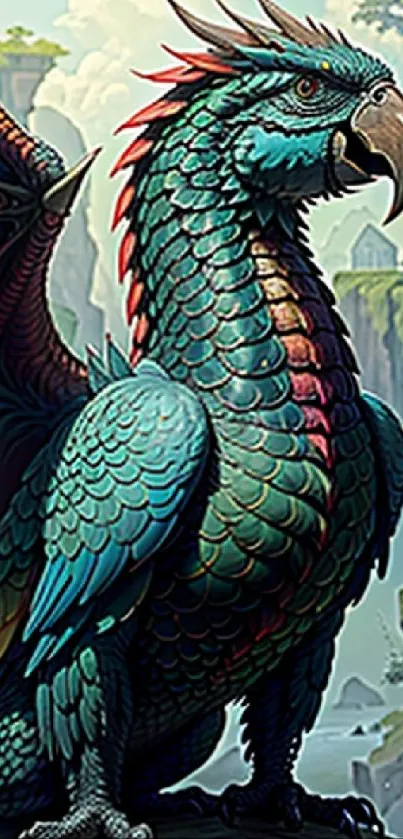 Detailed fantasy dragon with vibrant teal and red hues in a natural setting.