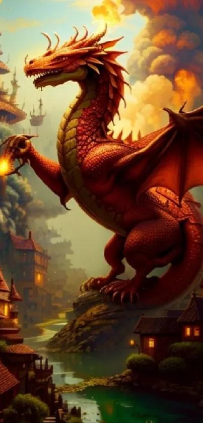 Majestic dragon overlooking a fantasy village with a fiery sky background.