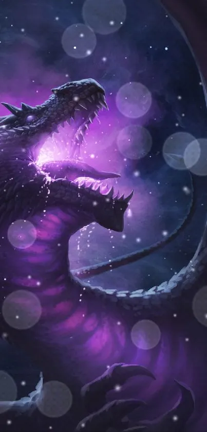 Majestic dragon with glowing purple light in a cosmic fantasy setting.