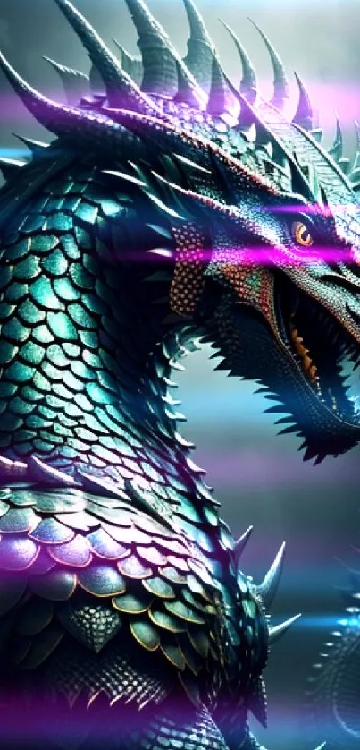 Majestic dragon with green scales in a fantasy wallpaper design.