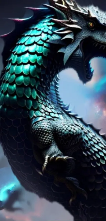 Majestic dragon with scales in vibrant colors set in a fantasy world.