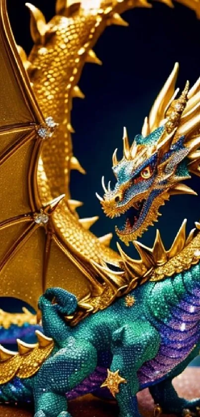 Majestic dragon with gold wings and teal scales in fantasy art.