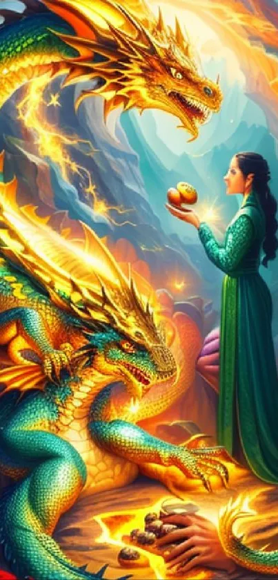 Fantasy dragon art with woman in green, vibrant colors.