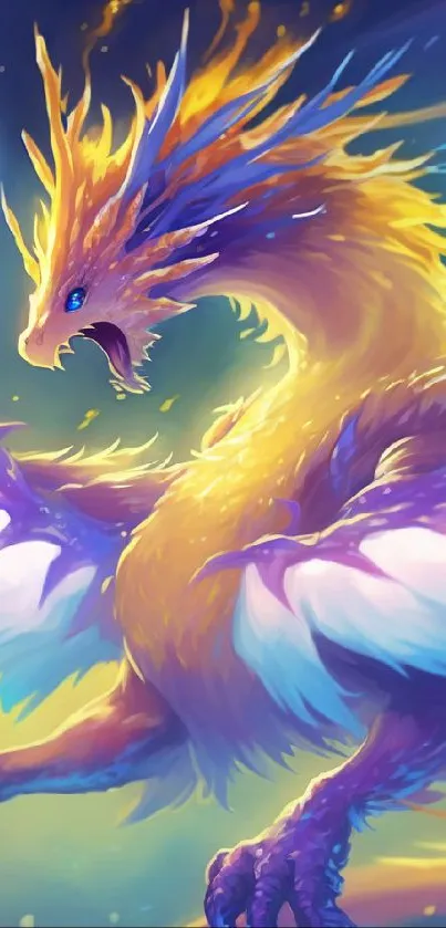 A vibrant fantasy dragon illustration in gold and purple hues.