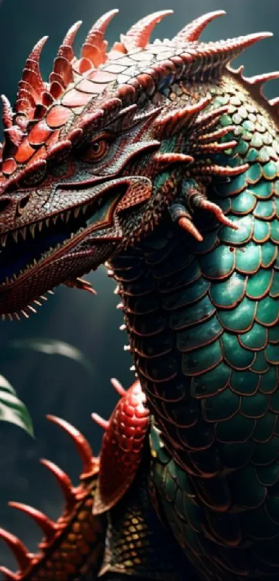 Vibrant dragon in a fantasy setting with intricate green and red scales.