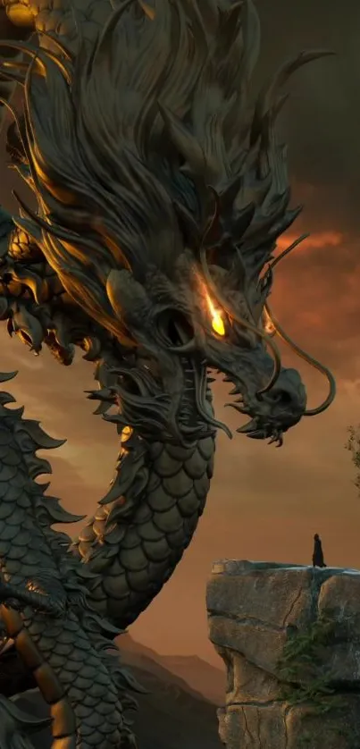 Majestic dragon perched on a cliff with a sunset sky backdrop.